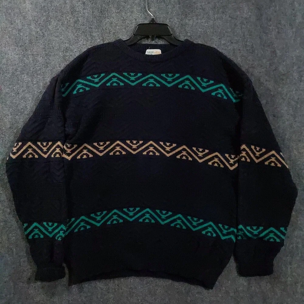 Vintage IZOD Sweater Mens XL Navy Cotton Crewneck Aztec Geometric Knit Made USA